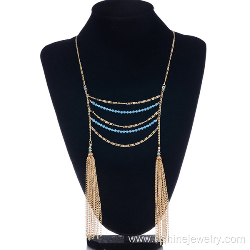 Multilayer Crystal Beaded Necklace Chain Tassel Necklace